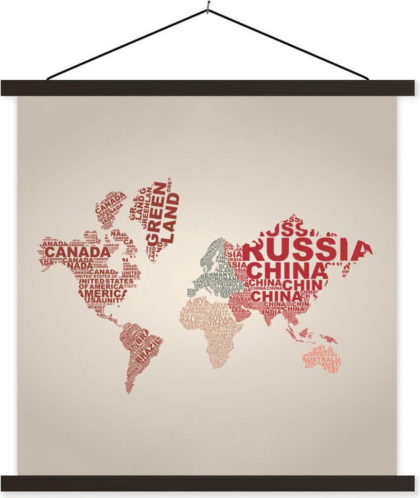 MuchoWow Textilposter Weltkarte - Farben - Buchstaben 120x120 cm mit schwarzem Rahmen - Aufhängungsset
