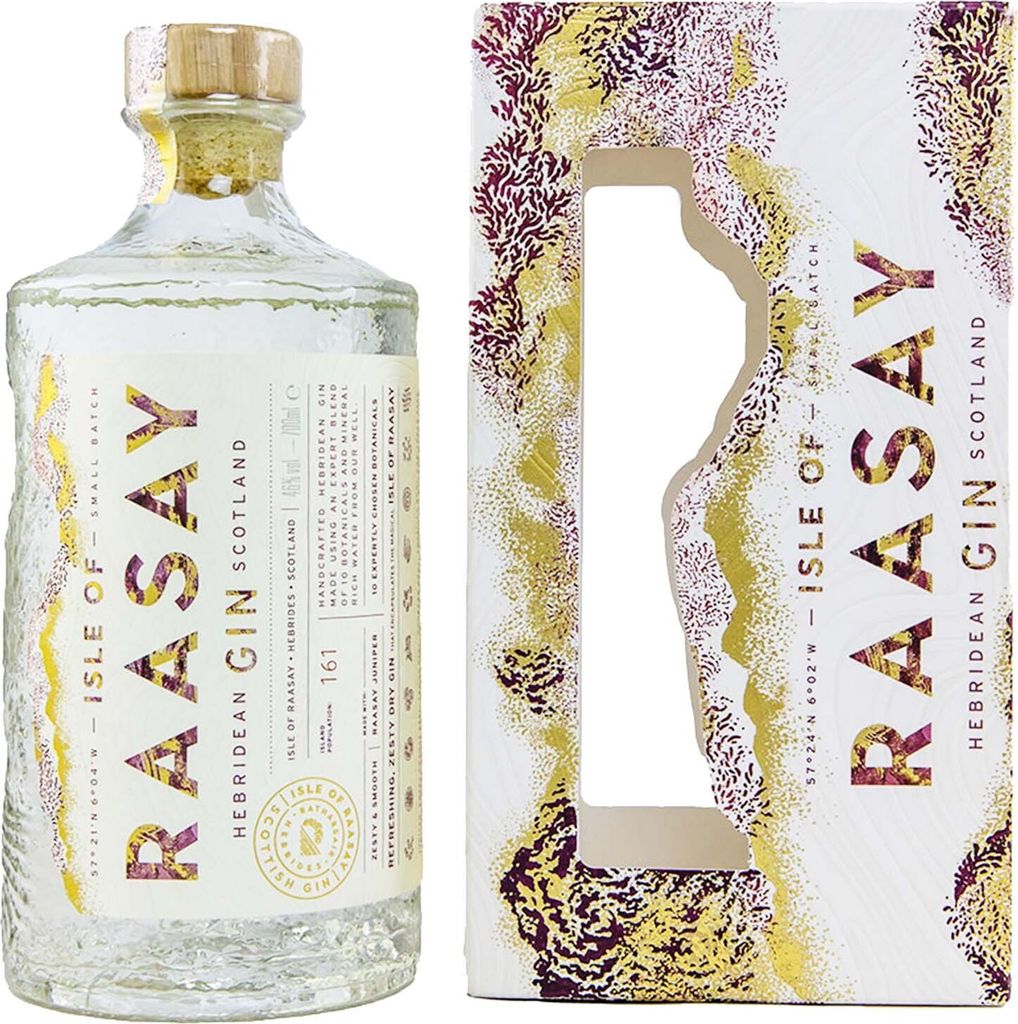 A bottle of Raasay Hebridean Gin and its accompanying gift box are displayed side-by-side against a white background.