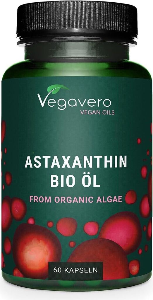 A product shot of a bottle of Vegavero Astaxanthin Bio Öl.