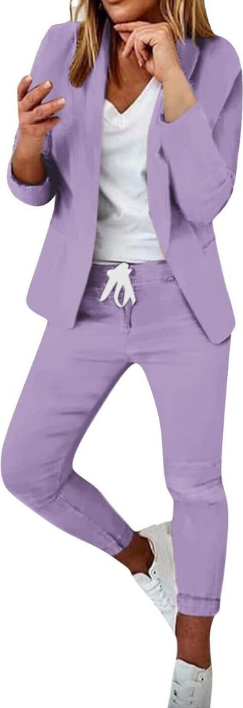 ASKSA Damen Lange aermel Hosenanzug Elegant Business Anzug Slim Fit Revers Set Einfarbig Streetwear Freizeitanzug, Lila, Groesse: XXL
