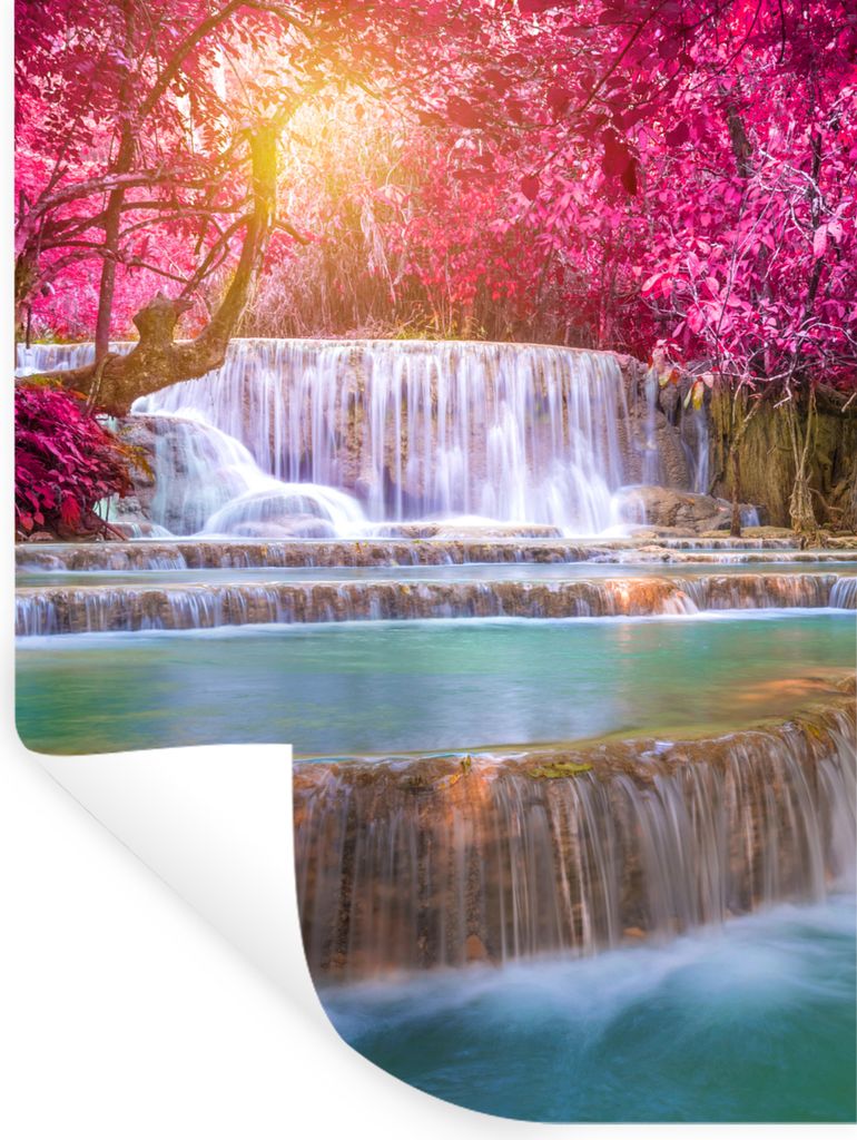 MuchoWow Wandtattoo Wandsticker Wandaufkleber Wasserfall - Regenbogen - Bäume - Rosa - Natur 90x120 cm Selbstklebend und Repositionierbar - Falt...