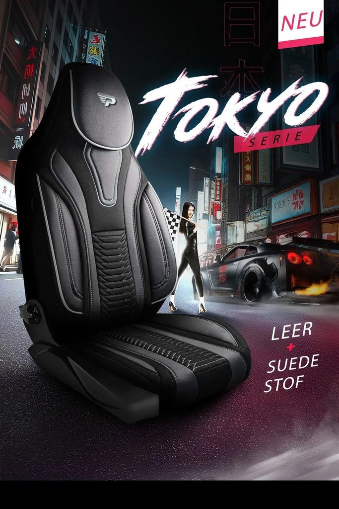 Sitzbezüge Tokio Serie Grau Schwarz – Wildlederoptik mit Kunstleder – universelle Autositzbezüge – perfekte Passform für über 3000 Fahrze...