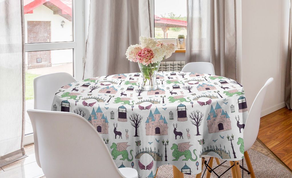 ABAKUHAUS Fantasy World Runde Tischdecke, Schlösser Dragons Deers, Kreis Tischdecke Abdeckung für Esszimmer Küche Dekoration, 150 cm, Mehrfarbig