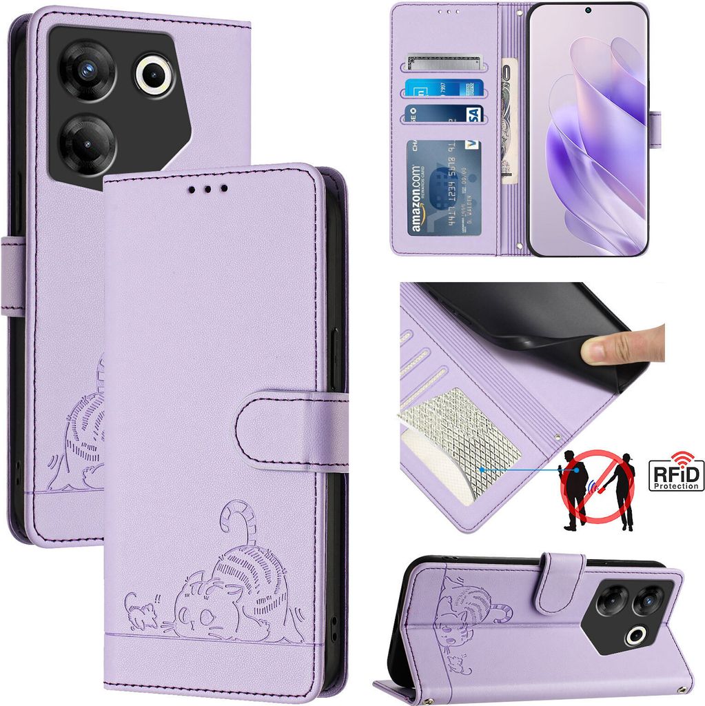 Leder Hülle für Tecno Camon 20 Pro 5G Süße Katze Flip Case Brieftasche Schutzhülle mit Standfunktion Lila