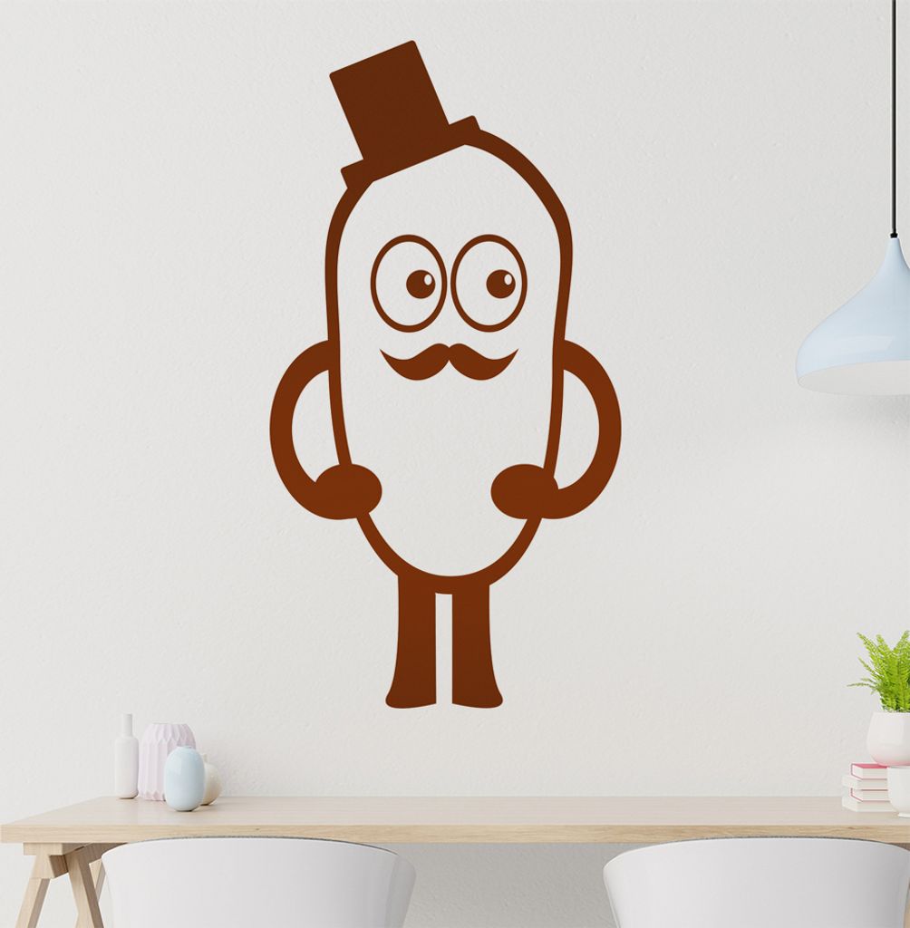 Kiwistar Bohne mit Hut und Schnurbart Wandtattoo in 6 Größen - Wandaufkleber Wall Sticker - Dekoration, Küche, Wohnzimmer, Schlafzimmer, Badezimmer