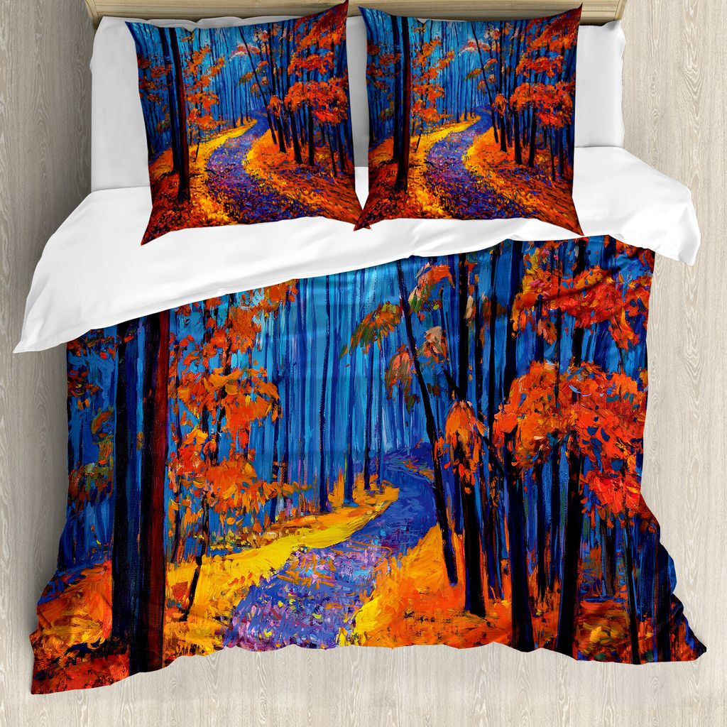 ABAKUHAUS Land Bettbezug, Wald in Herbstsaison, Milbensicher Allergiker geeignet mit Kissenbezügen, 155 cm x 220 cm - 80 x 80 cm, Orange Navy