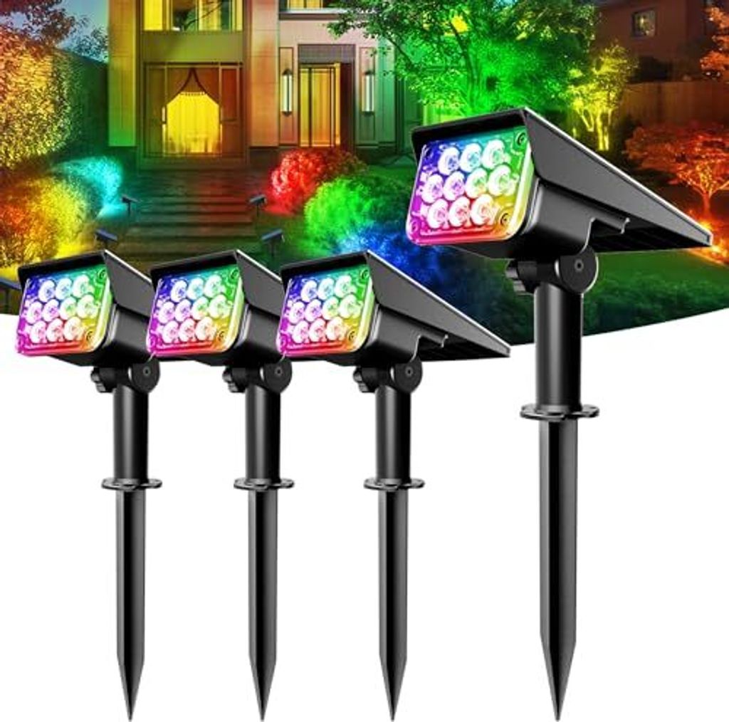 T-SUNUS Gartenstrahler Solar Außen mehrfarbig, Solarstrahler für 10 LED Solarlampen außen 6 Farbwechsel Gartenleuchte IP65 Wasserdicht Bäume