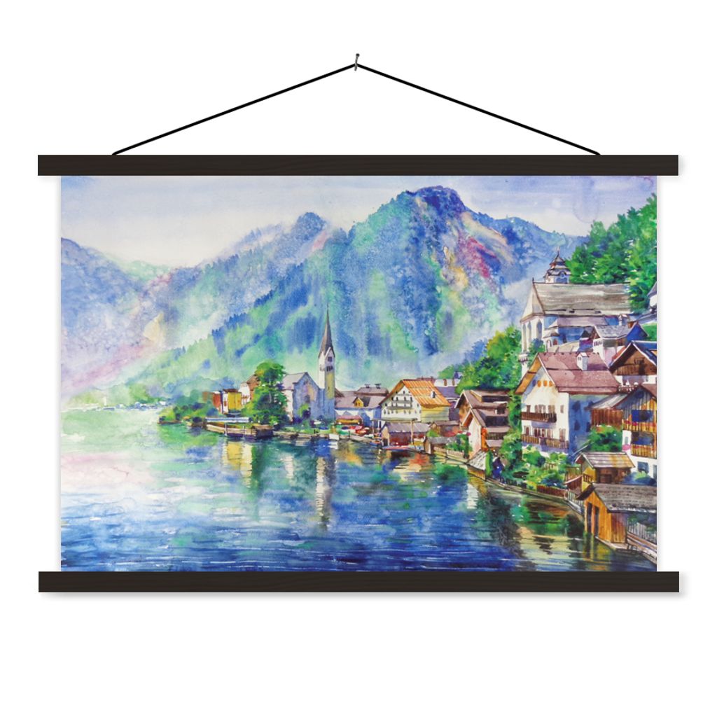 MuchoWow Textilposter Malerei - Architektur - Wasser - Berge - Öl 60x40 cm mit schwarzem Rahmen - Hölzernes