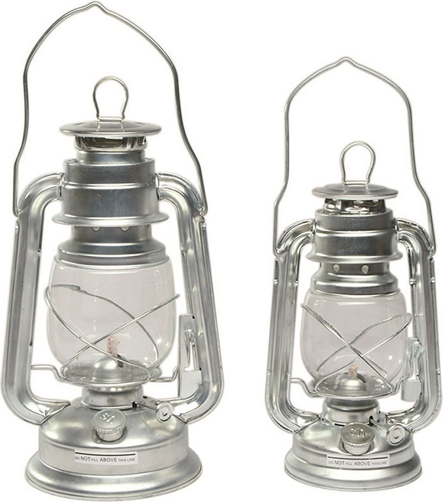 Two metal lanterns of different sizes on a white background.