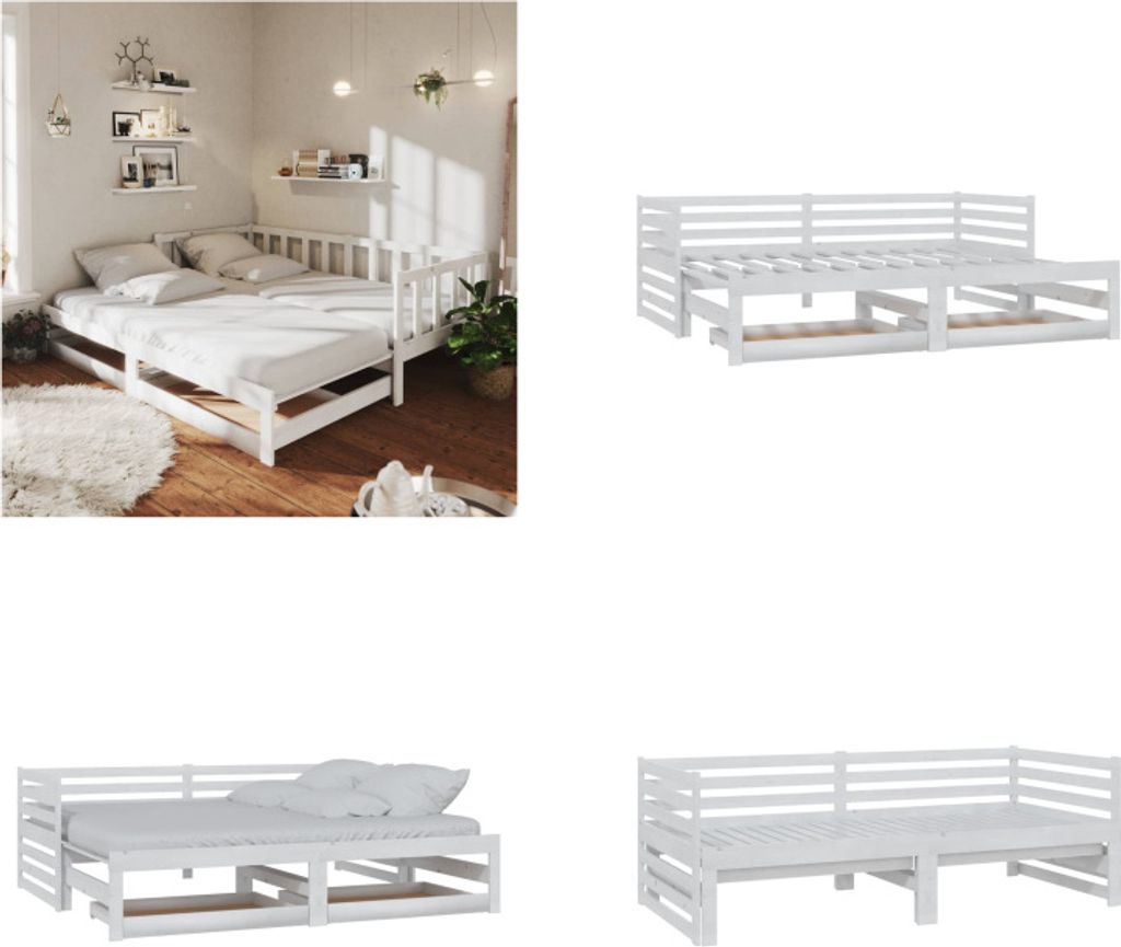 vidaXL Ausziehbares Tagesbett 2x(90x200) cm Weiß Massivholz Kiefer - Tagesbett - Tagesbetten - Holz Tagesbett - Holz Tagesbetten