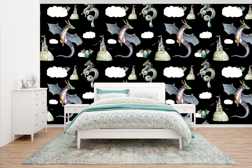 MuchoWow Fototapete für Wohnzimmer oder Schlafzimmer Wandtapete Vinyl Motivtapete Jungen - Muster - Drache - Burg - 430x240 cm - Gemustert