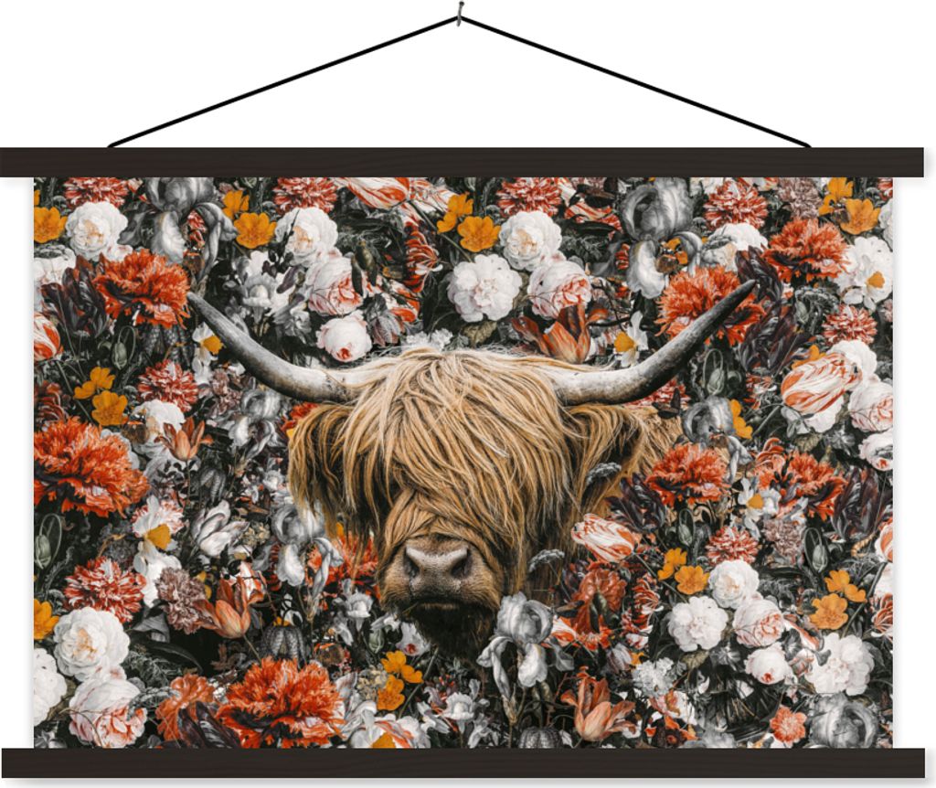 MuchoWow Textilposter Schottisches Hochlandrind - Blumen - Schwarz - Weiß 60x40 cm mit schwarzem Rahmen - Hölzernes