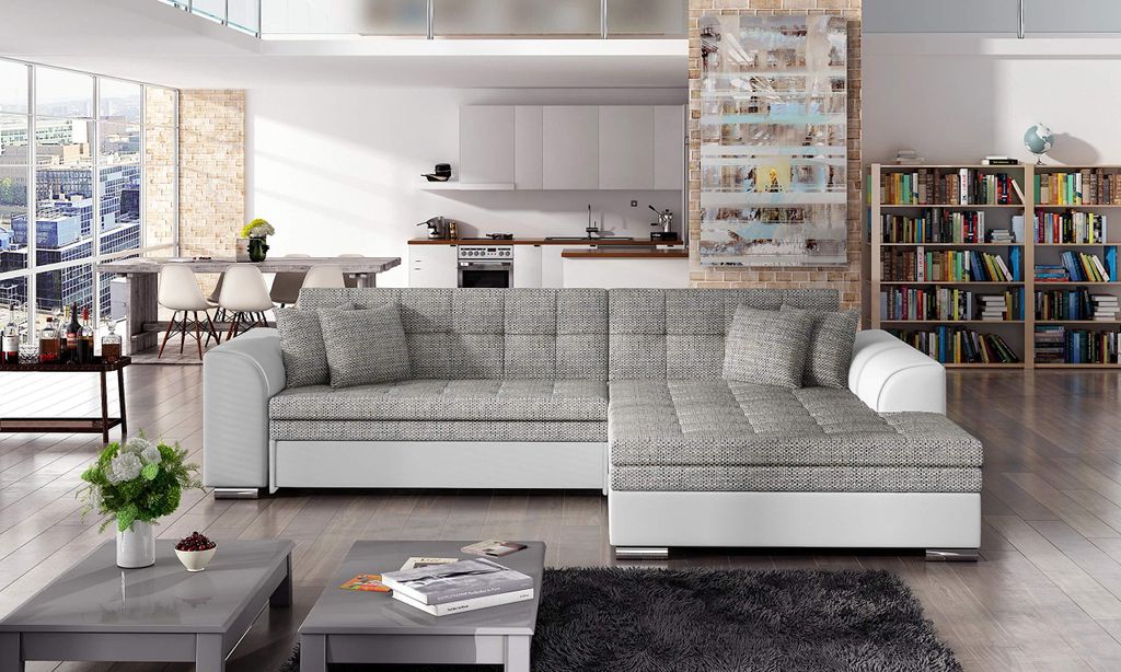 Krudox SORE Ecksofa L-Form 296x78x194 cm - Grau mit Weiss Kunstleder Schlafsofa mit Bettkasten - Schlaffunktion 128x262 cm - Rechts - Stoff: Berlin...