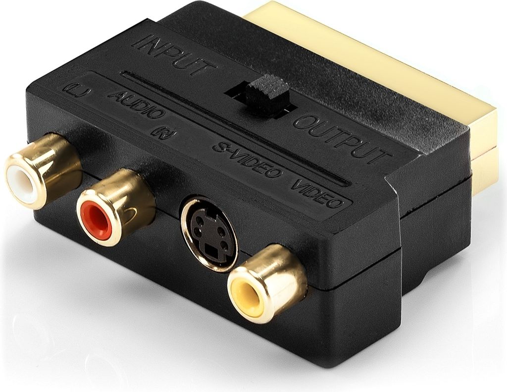 deleyCON Scart auf 3X Cinch Buchsen IN/Out Umschalter + S-Video S-VHS AV Audio Video Adapter Vergoldete Kontakte
