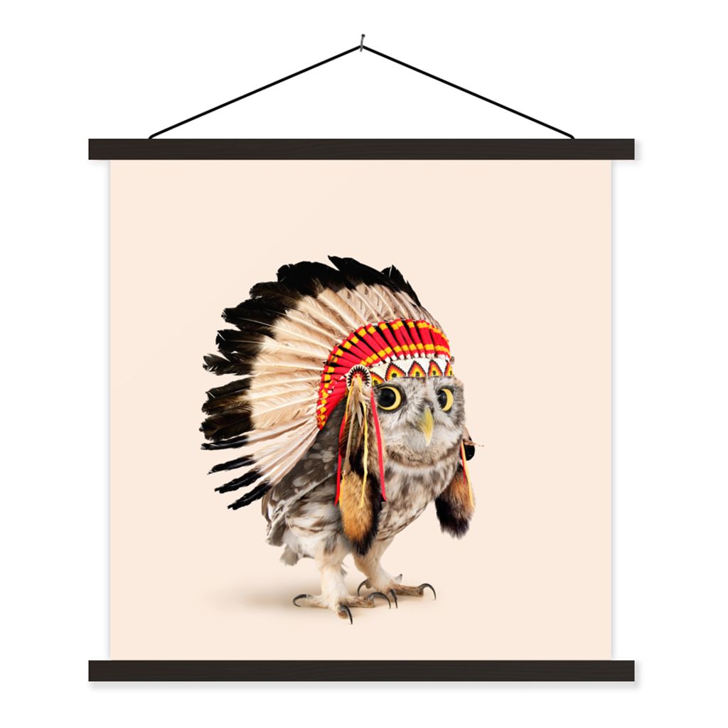 MuchoWow Textilposter Tier - Eule - Indianer - Vogel 60x60 cm mit schwarzem Rahmen - Posteraufhänger