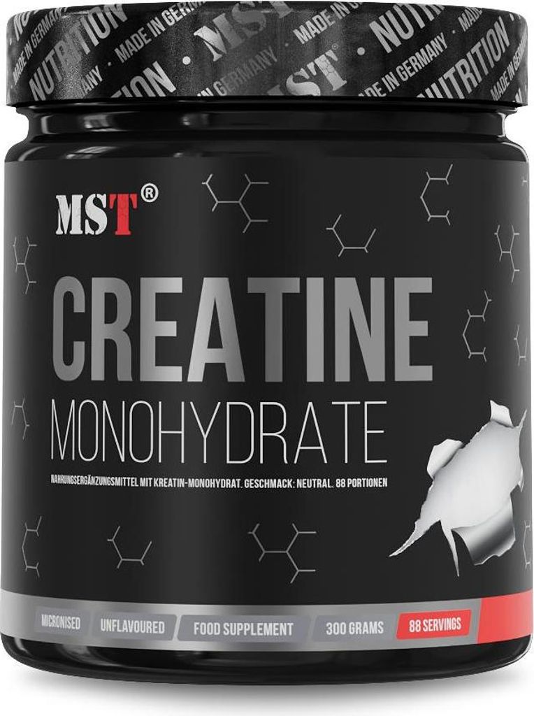 A black tub of Creatine Monohydrate supplement with silver and red text and graphics.