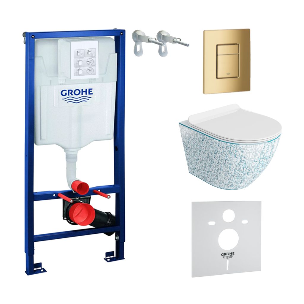 GROHE Vorwandelement Solido + Wand Hänge WC Sofi Slim Kresz Weiß/Blau Spülrandlos + WC-Sitz SoftClose | Goldener Knopf | Komplettset | Unterputz...
