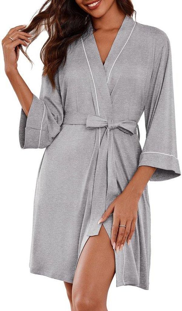 Lichtgewicht Badjas, Korte Kamerjas, Zomer, 3/4 Mouw, Loungewear, Lichtgrijs