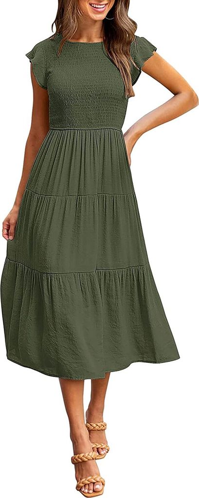 ASKSA Damen Elegant Kleid Maxikleid A-Linie Swing Boho Flatterärmel Kleider, Armeegrün, L