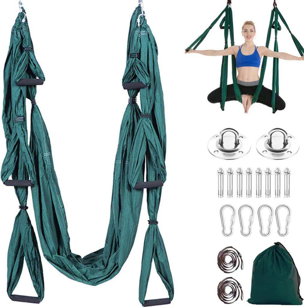 Hamac de yoga aérien vert foncé, set complet balançoire de yoga volant