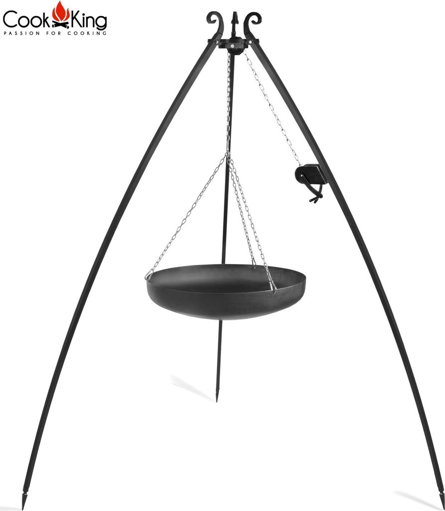 CookKing 111025 Wok am Dreibein Schwenkgrill, 200cm Höhe, Rohstahl, 60cm Durchmesser + Kurbel