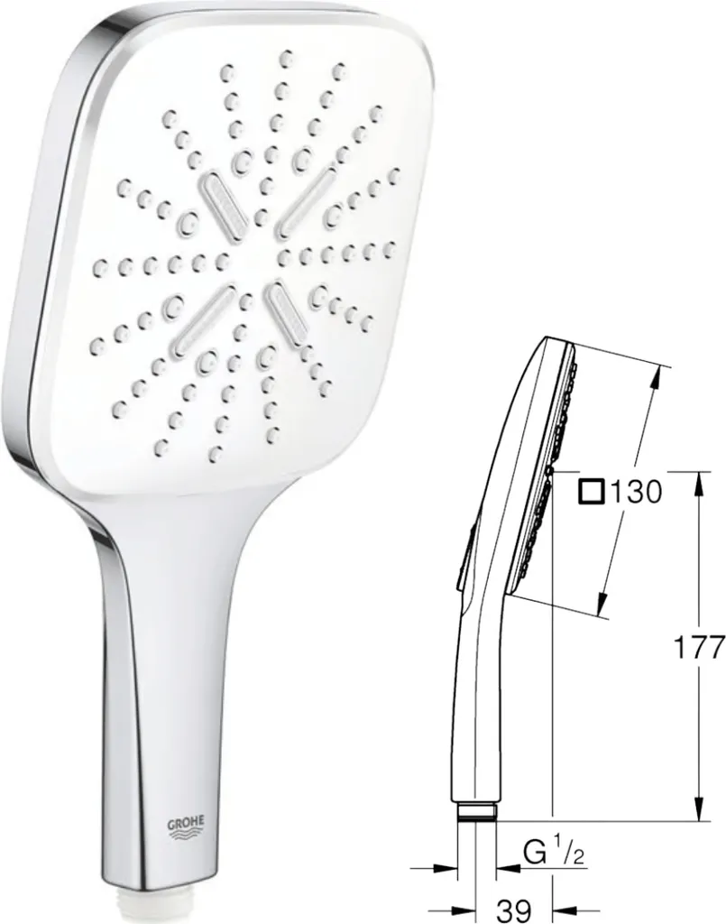 Pomme de douche à main Grohe Vitalio SmartActive 130 Cube 3 jets Chrome