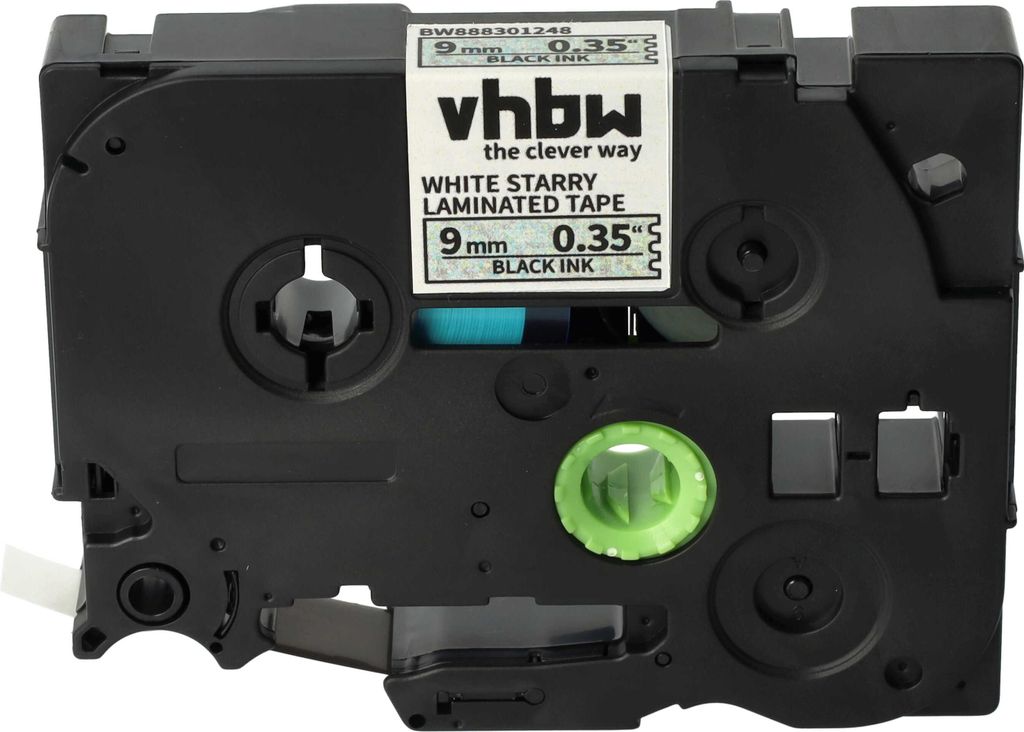 vhbw Schriftband-Kassette kompatibel mit Brother PT D600VP, H100LB, E100, E100VP Etiketten-Drucker 8m x 9mm Schwarz auf Weiss (Glitter), Laminiert
