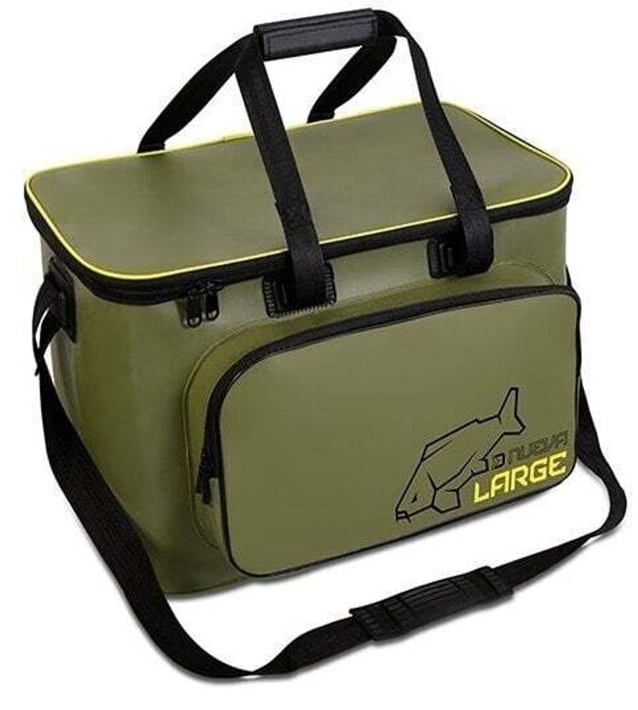A studio shot of a green fishing bag.