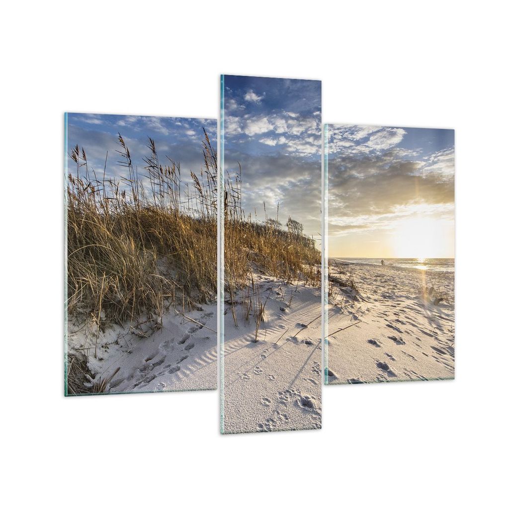 Bilder auf glas - 3 Teile - Sand Gras Meer - 95x80cm - Glasbilder - Wandbilder - Bilder - Kunstdruck - zum Aufhängen bereit - Wanddekoration aus G...
