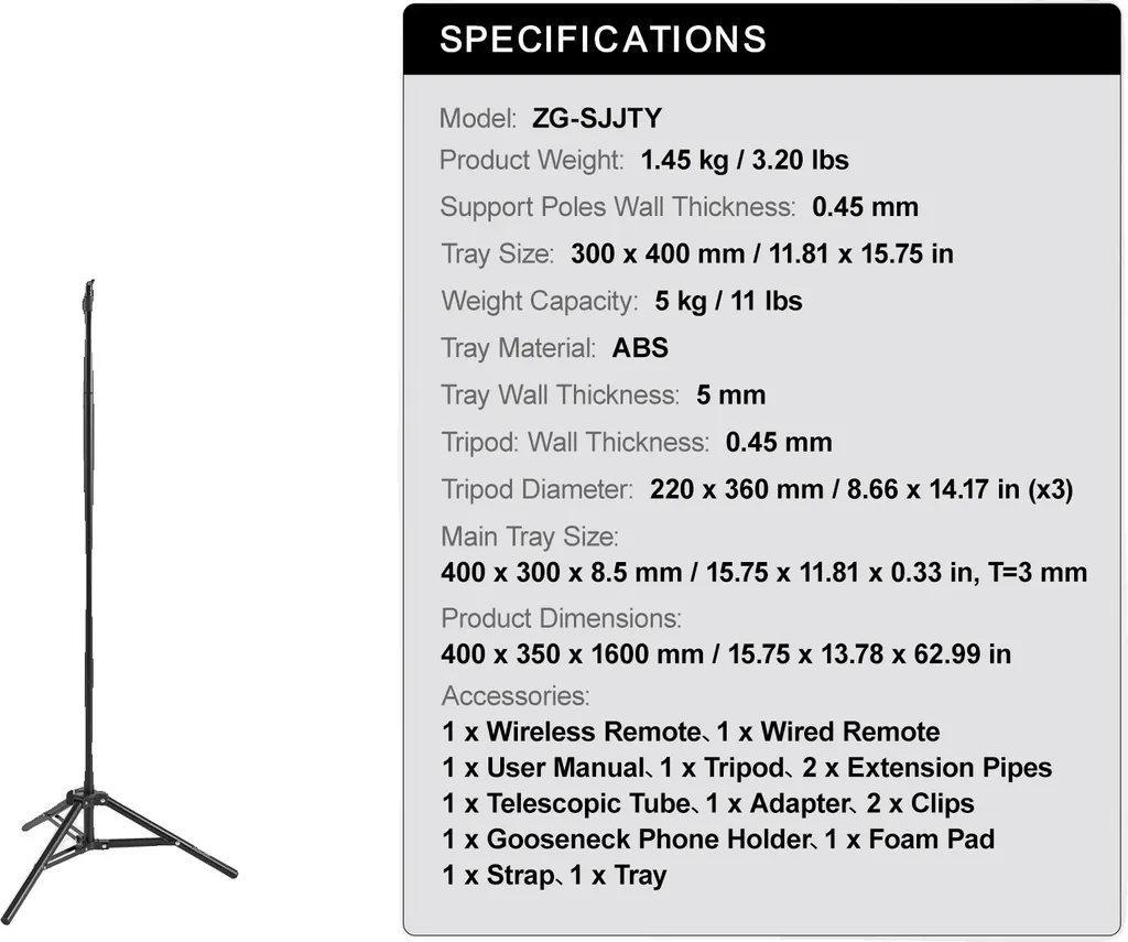 Pied Projecteur Robuste Charge 5kg et Hauteur 160cm avec Plateau de Fixation