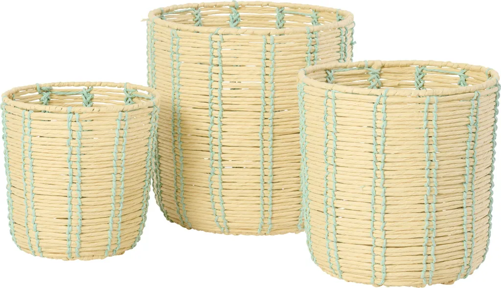 J-Line Set de 3 paniers ronds rayés en papier tressé naturel et bleu azur