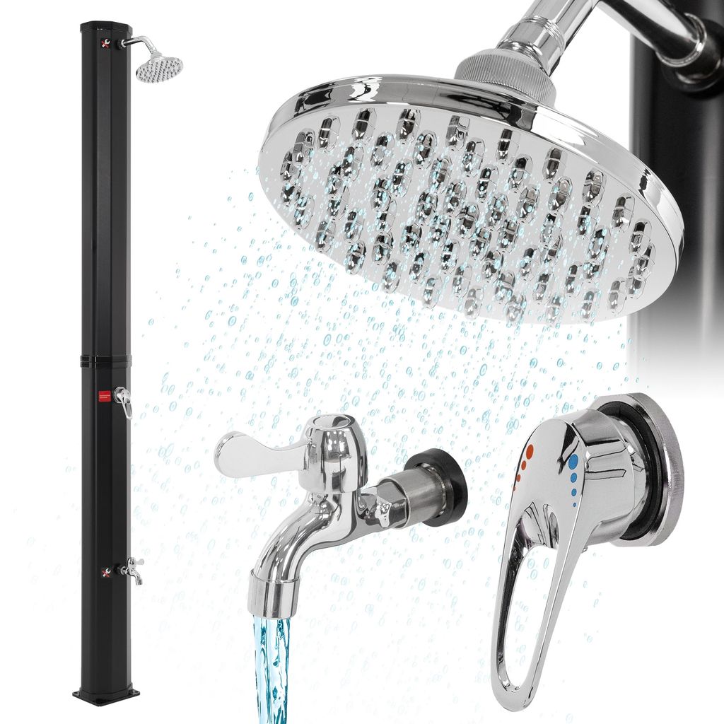 ML-Design Solardusche 35 L 217cm eckig mit Fußdusche und Regenduschkopf, Schwarz, warmes Wasser bis 60°C ohne Strom, mit Gartenschlauch-Anschluss