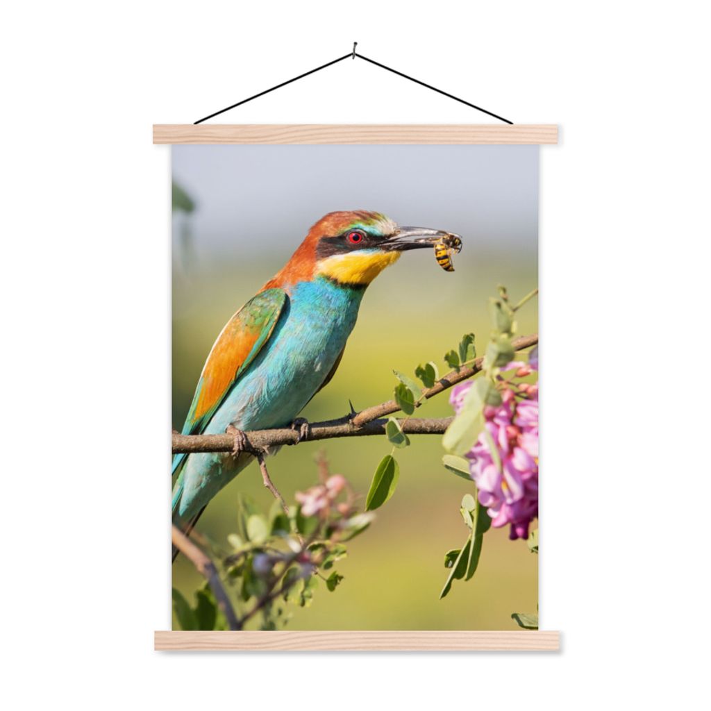 MuchoWow Textilposter Vogel - Bienenfresser - Blumen 40x53 cm mit holzfarbenen Rahmen - Schlafzimmer