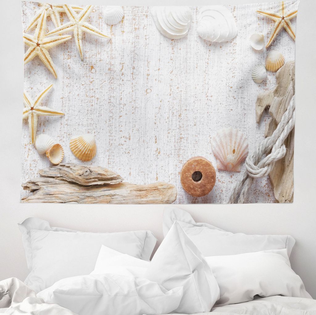 ABAKUHAUS maritim Wandteppich, Ozean-Muscheln Seesterne aus Weiches Mikrofaser Stoff Waschbar ohne Verblassen Digitaldruck, 150 x 110 cm, Off White...