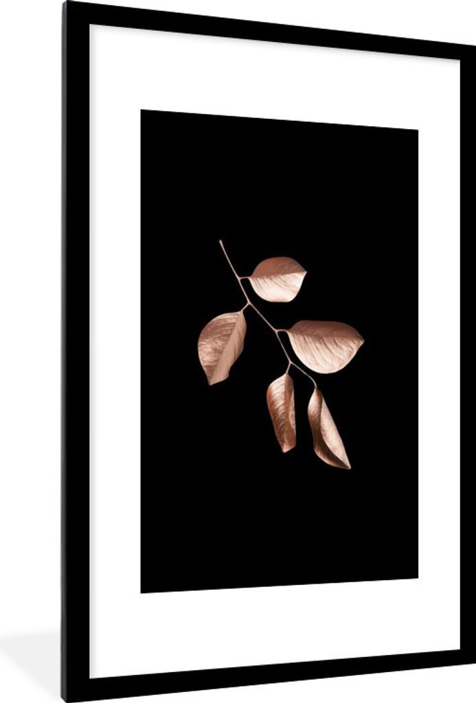 MuchoWow MuchoWow Gerahmtes Poster Zweig - Roségold - Blätter 60x90 cm - Poster mit zchwarzem Bilderrahmen - Dekoration - Wandposter Wohnzimm...