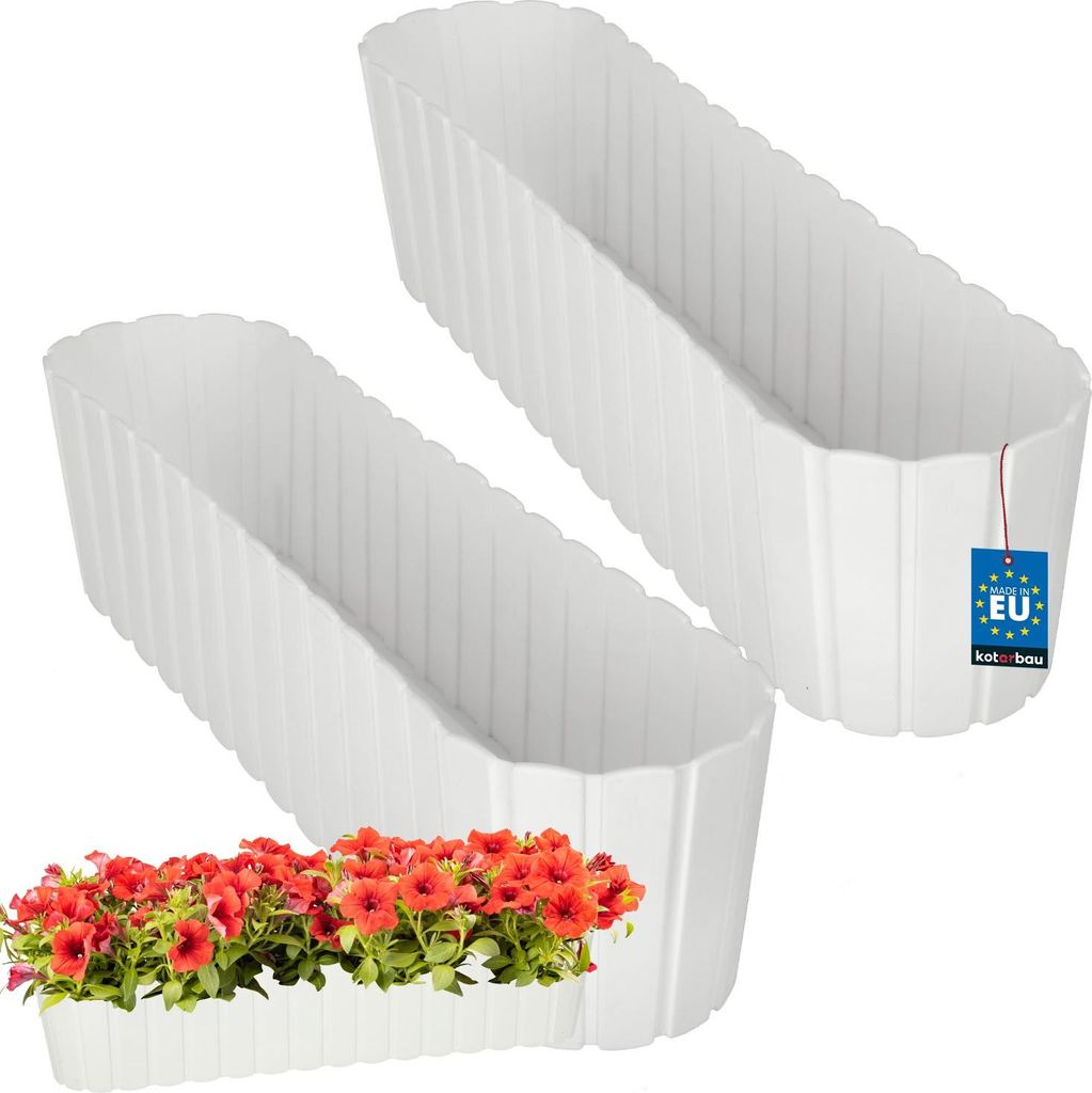 KOTARBAU 2er Set Blumenkasten Balkon Blumentopf 60x14x13cm Weiß Pflanzkübel Pflanzkasten Pflanzentopf Kunststoff Balkonkasten Rustikal Übertop...
