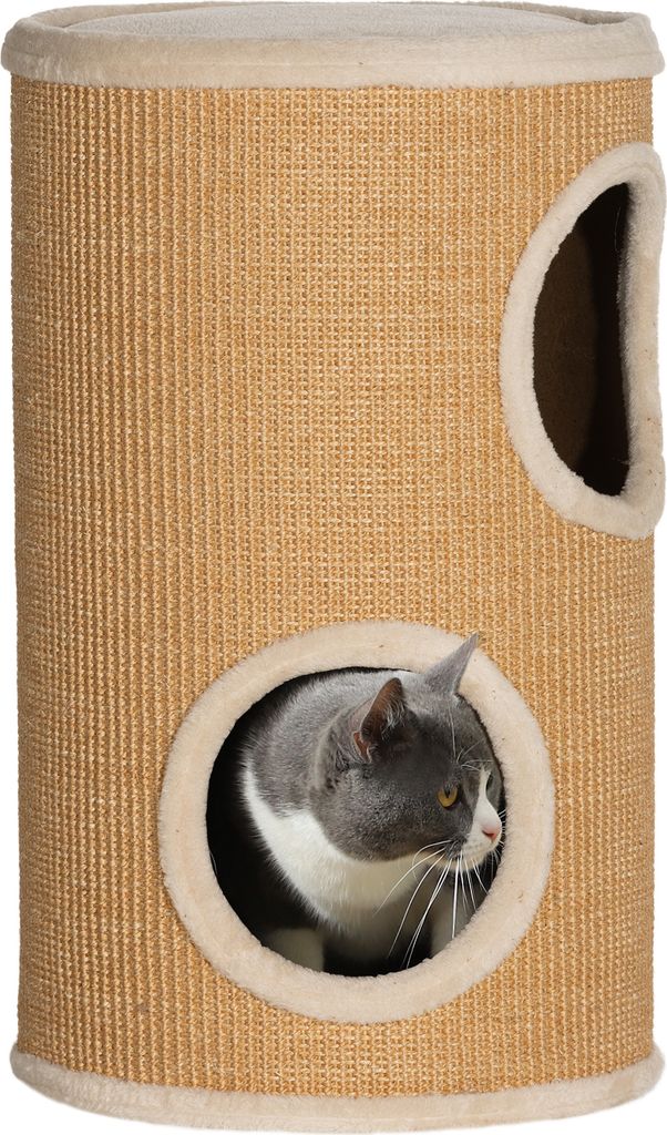 PawHut Kratztonne, 60 cm Hoch Katzentonne mit 2 Höhle, Kratzbaum, Katzenturm aus Sisal, für Katze bis 5 kg, Braun