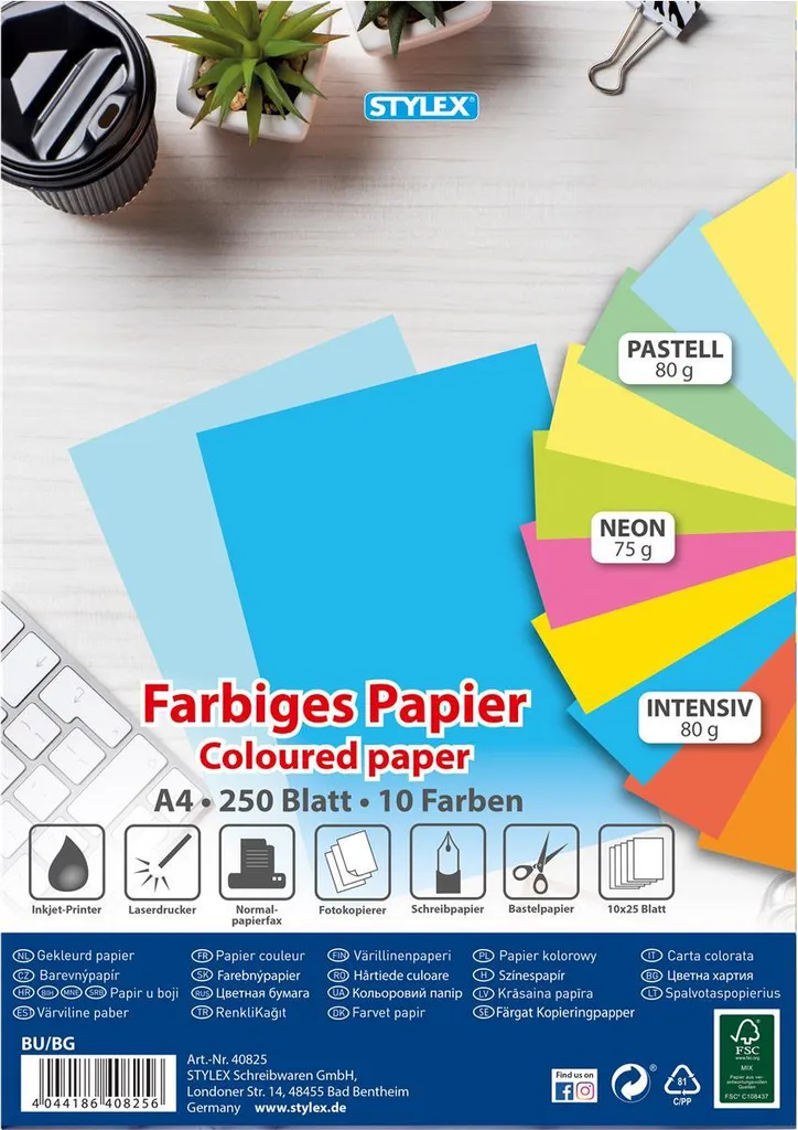Papier imprimante A4 couleur STYLEX - Ramette 250 feuilles assorties