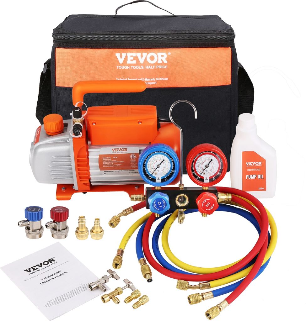 VEVOR Vakuumpumpe 100L/min Unterdruckpumpe150W 250ml-Ölkapazität Vakuumgeräte Verteiler-Manometer-Set Klimaanlage Kfz-Kühlsystemen