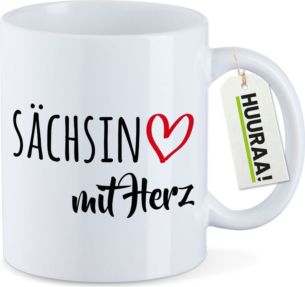 Huuraa Kaffeetasse Sächsin mit Herz 330ml Weiß Keramik Kaffeebecher Geschenkidee
