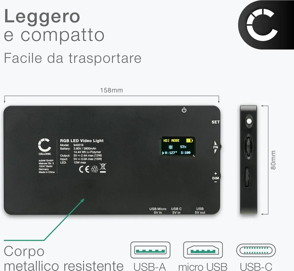Mini LED RGB CELLONIC: Luce Video USB-C per TikTok e YouTube - 4