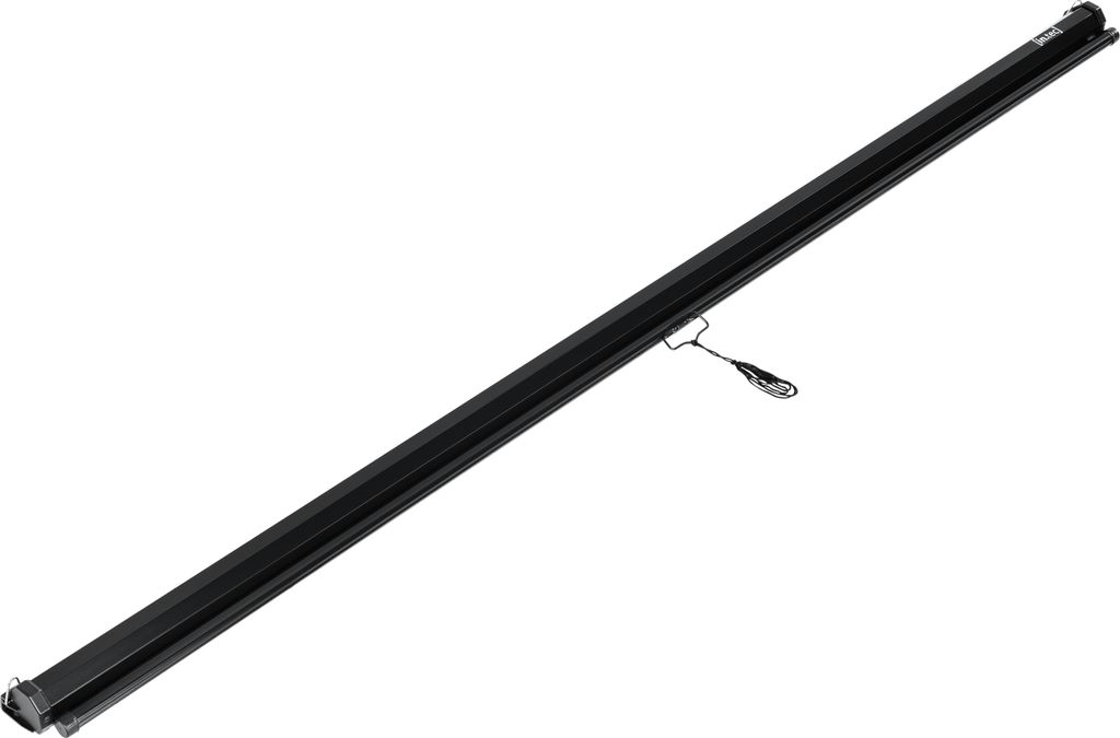 A black projector screen is shown diagonally against a white background.