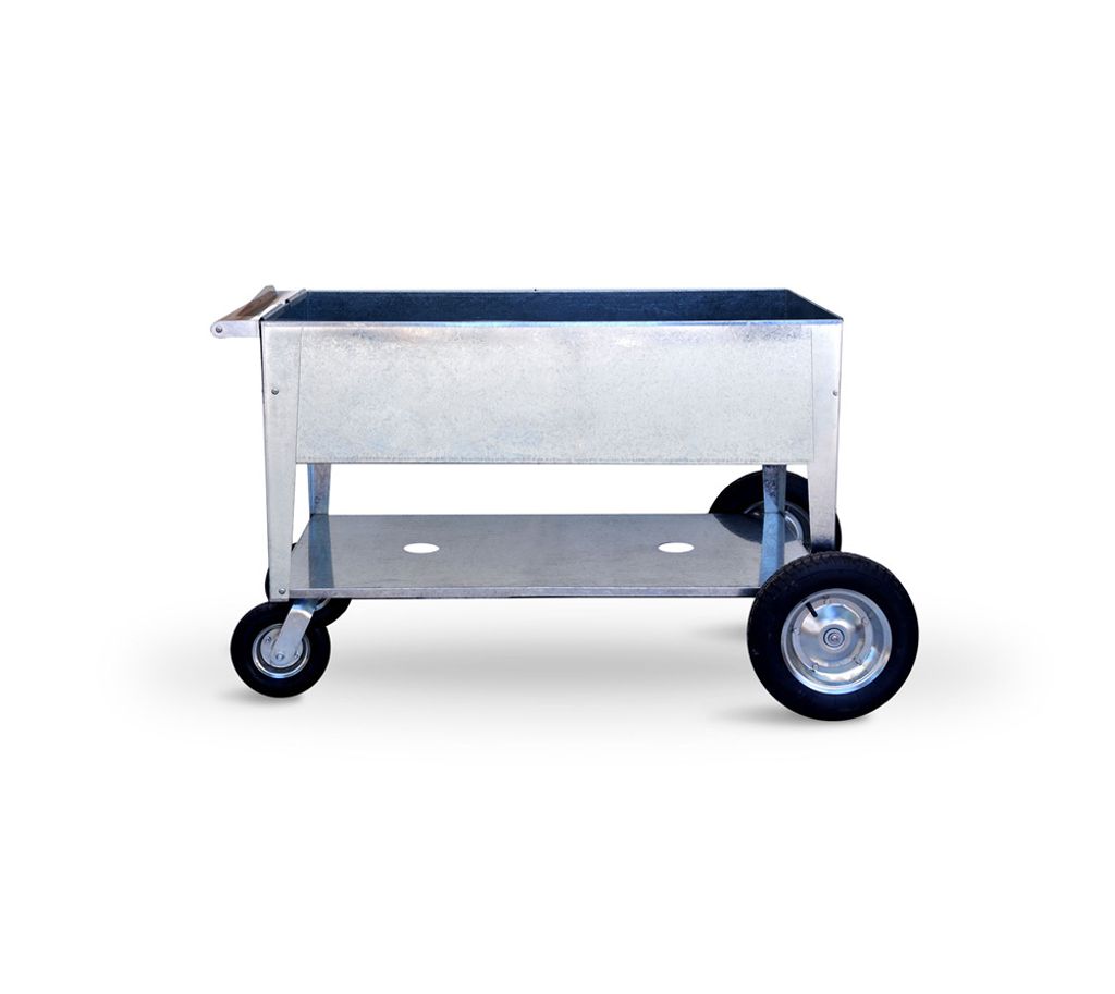 A silver metal raised garden bed on wheels, shown from the side against a white background.