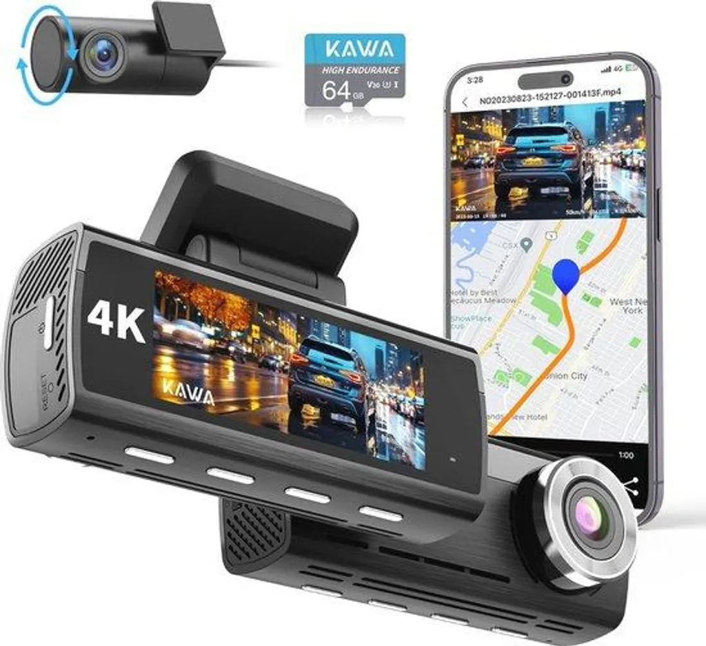 Caméra de bord 4K Vision Nocturne GPS et Carte 64 Go pour sécurité auto