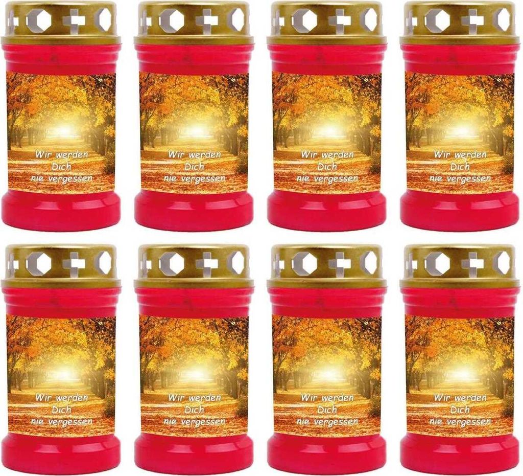 Grabkerze Rot 8er Pack, Brenndauer: 40 Stunden ( je Kerze ), Motiv: Allee