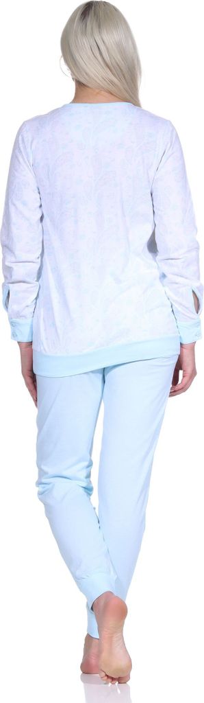 Eleganter Damen Pyjama Schlafanzug mit Bündchen im Paysley Design und Knopfleiste am Hals ; hellblau , 48/50