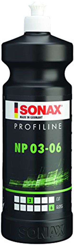 A black bottle of Sonax Profiline NP 03-06 polish against a white background.