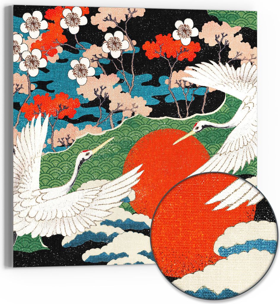 DEQORI Hybrid Leinwand Bild 30x30 cm 'Kraniche im Morgenlicht' Wandbild Glas flach modern