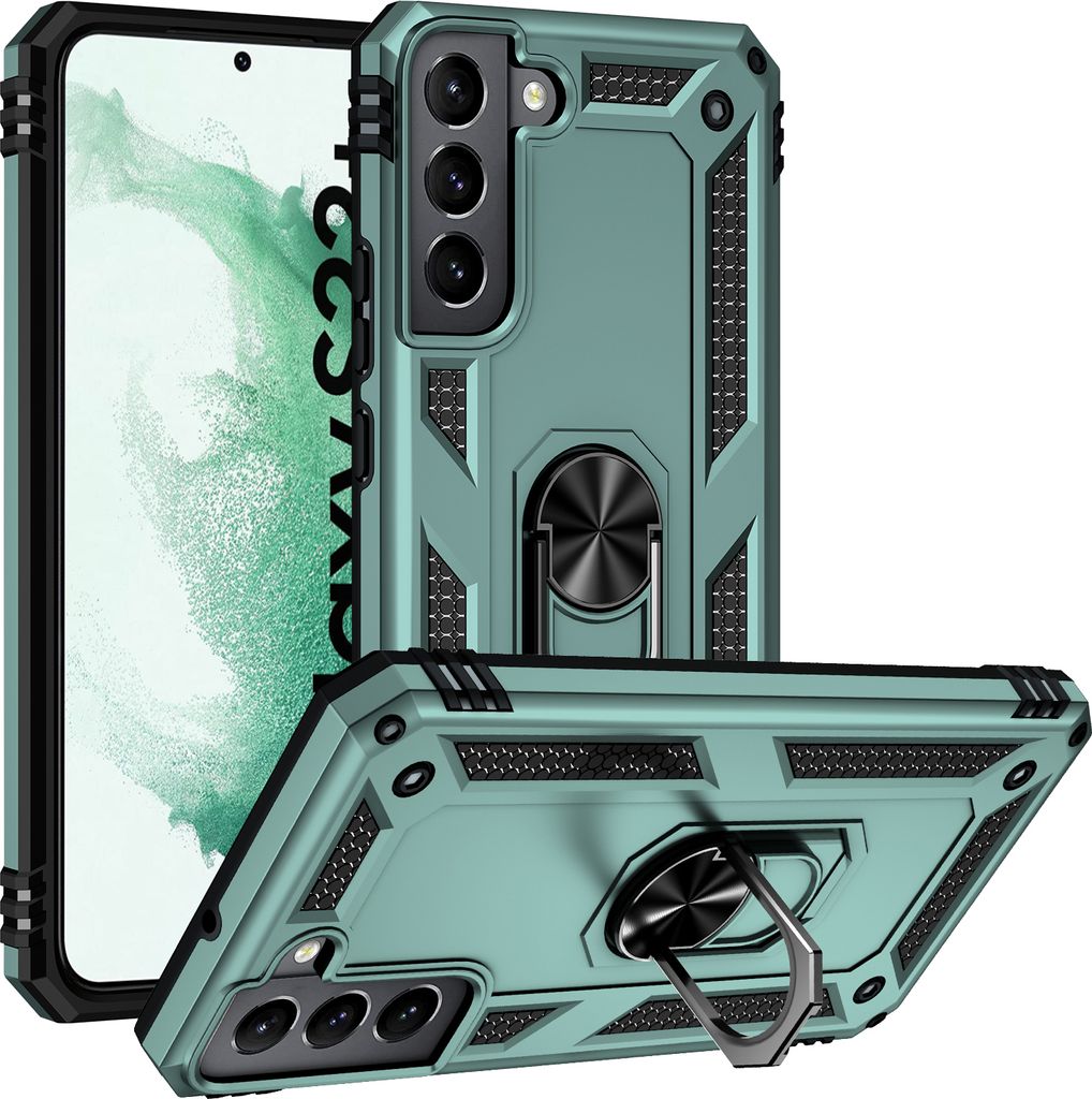 Schutzhülle für Samsung Galaxy S22 Plus 5G, Dual Layer Robust Militäre Fallschutz Hülle mit Ringhalterung Ständer Grün