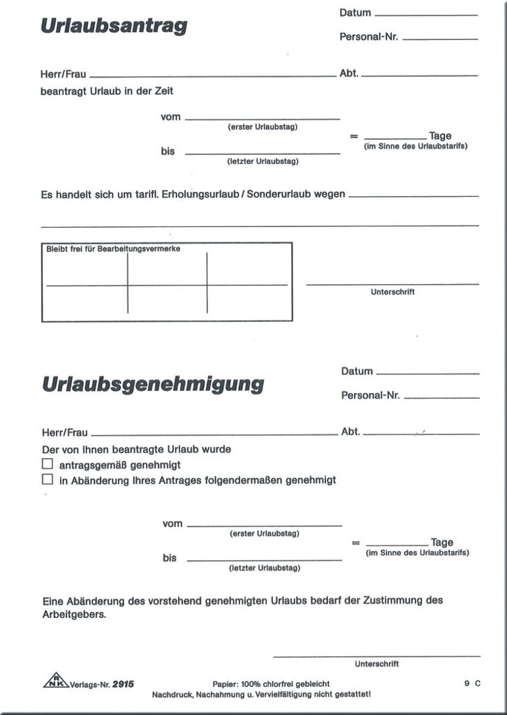 Formularbuch Urlaubsantrag Tarif- und Sonderurlaub A5 50 Blatt Packung mit 10 Stück